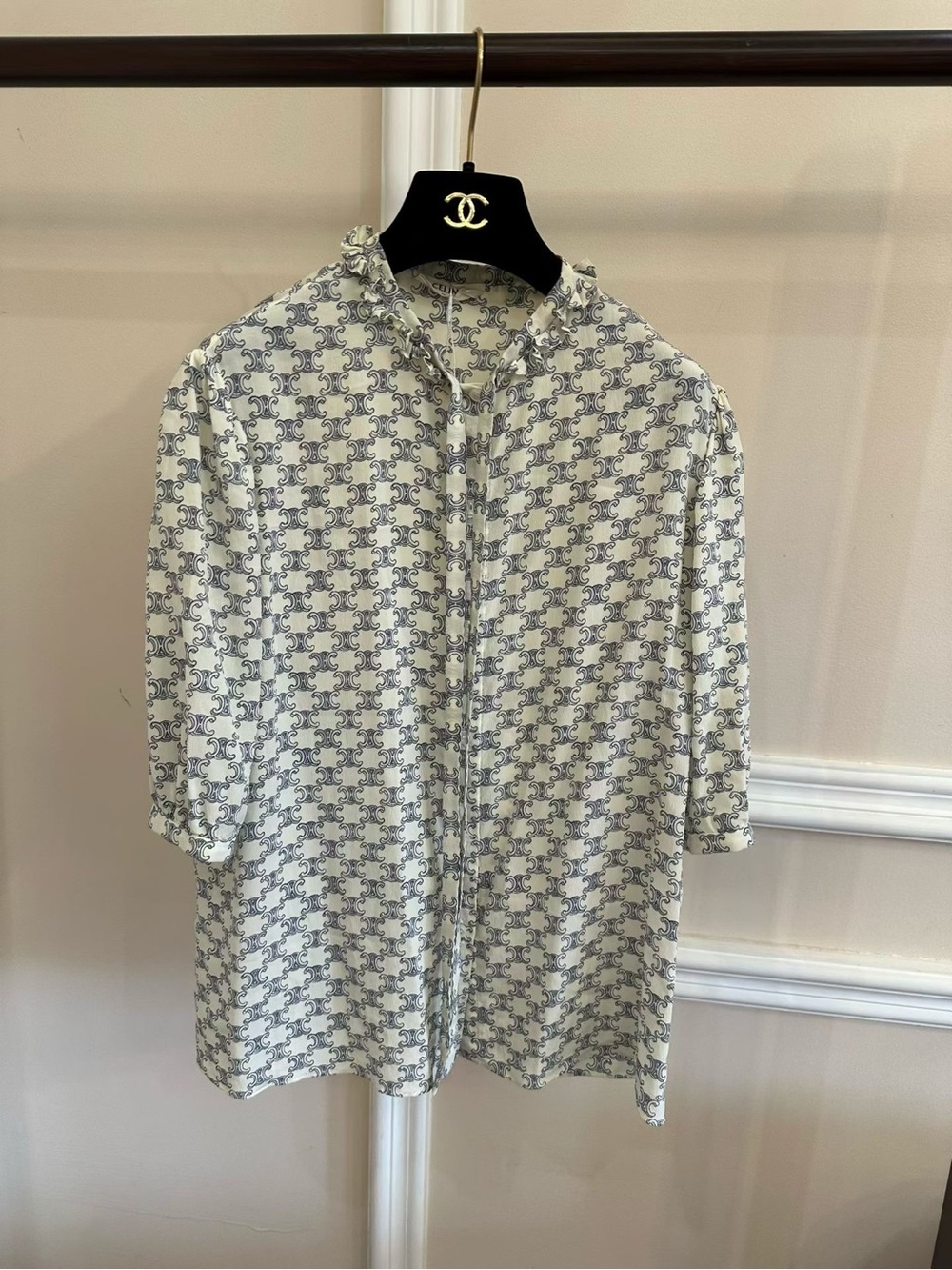 Celine White and Light Blue Geo-Print Short-Sleeve Button Down Shirt